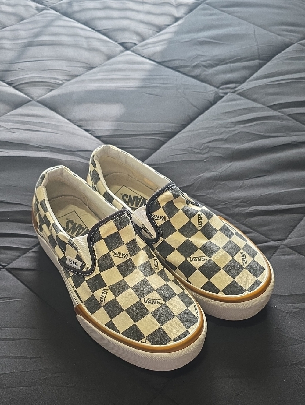 Vans Checkerboard Platform  Slip-On Sneakers in Black and Cream with Brown Trim